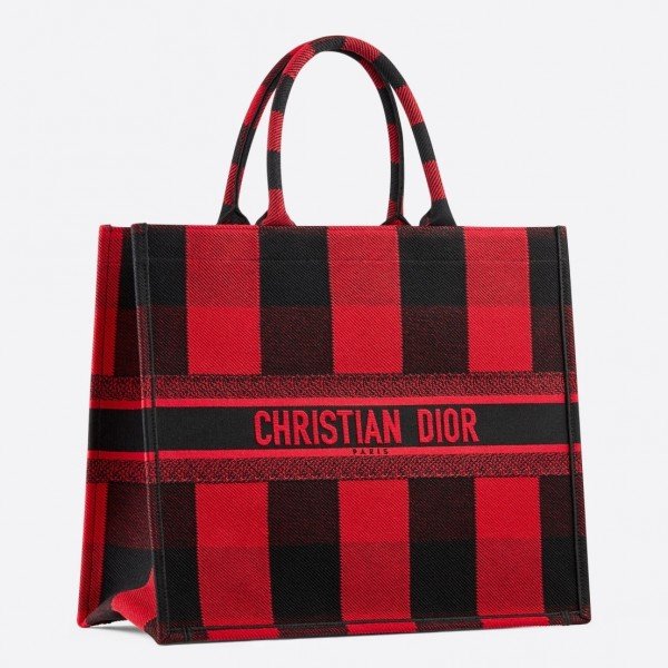 Dior Book Tote Bag  Check Embroidered Canvas