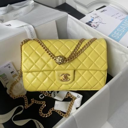 Chanel 23S AS4064 Camellia Embossed Chain Lambskin Flap Bag Yellow