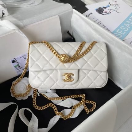 Chanel 23S AS4041 Mini Camellia Embossed Rectangular Flap Bag Antique Gold Hardware White